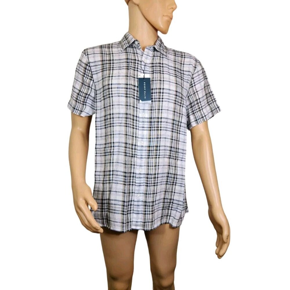 Perry Ellis Mens Size L Shirt Linen Plaid Short Sleeves button up New --21